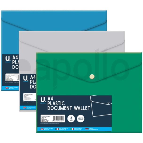 U. A4 Plastic Document Wallet 3pcs - Assorted (340 x 320mm)