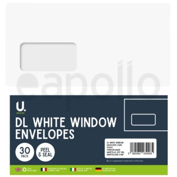 U. Mailing DL White Window Envelopes Peel & Seal - 30 Pcs (11 x 22 x 1.6cm)