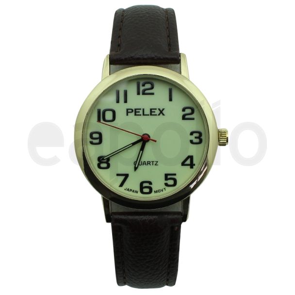 Mens Pelex Glow in The Dark Leather Strap Watch - Brown & Gold