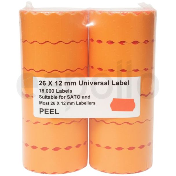 Universal Price Gun Labels – Orange (26x12mm, 1500 Labels per Roll, Pack of 12 Rolls)
