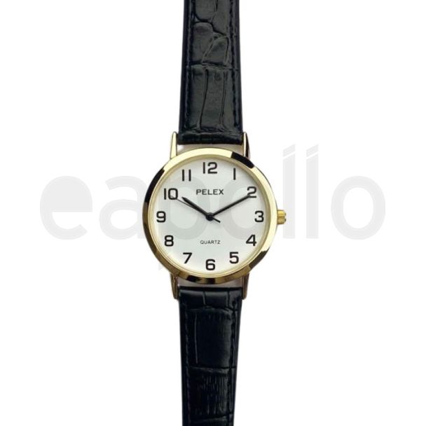 Men's Leather Strap Watch With Round Dial - Black & Gold