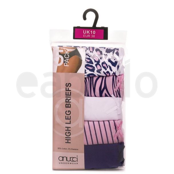 Ladies Stripe/Animal Print High Leg Briefs (Pack of 5) - Assorted