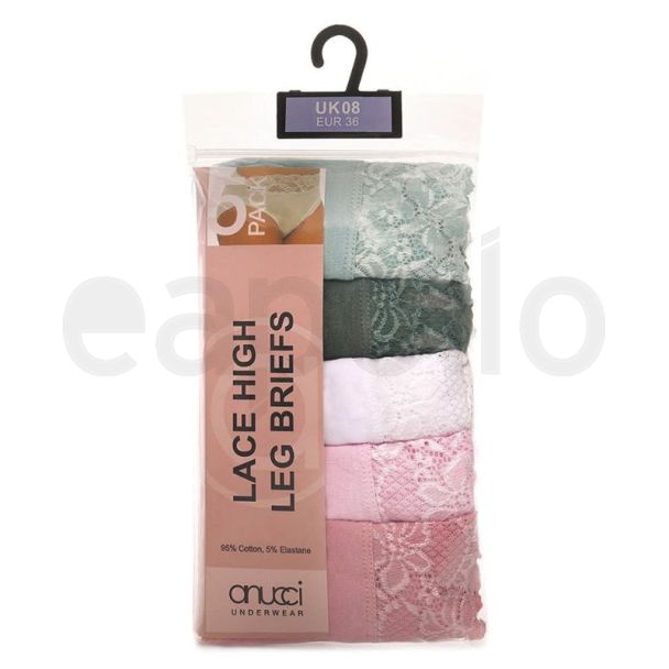 Ladies Lace High Leg Briefs (Pack of 5) - Assorted