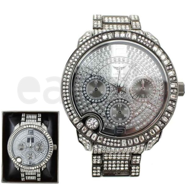 Wholesale Men's NY London Silver Crystals Watch - Black / Silver