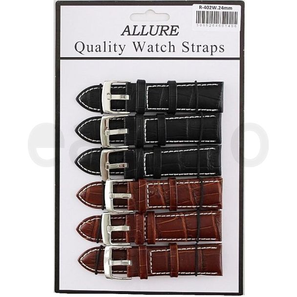 'Allure' Black and Brown Croc Grain Stitched Leather Watch Straps - 22mm