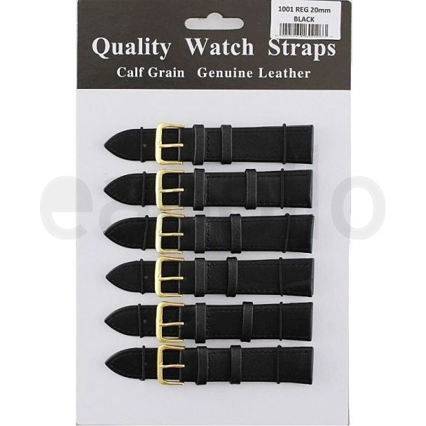 Wholesale Allure Black Leather Watch Straps - Gold Buckle - 20mm