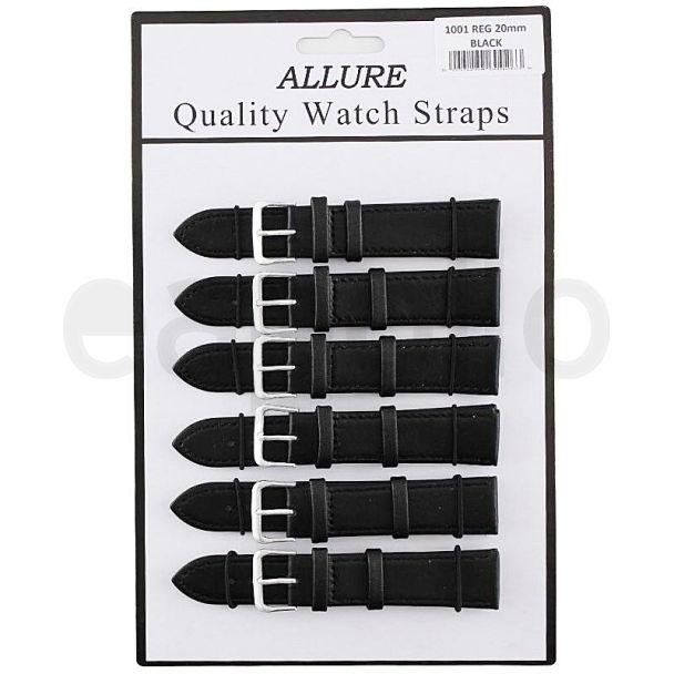 Wholesale Allure Black Leather Watch Straps - Silver Buckle - 20mm