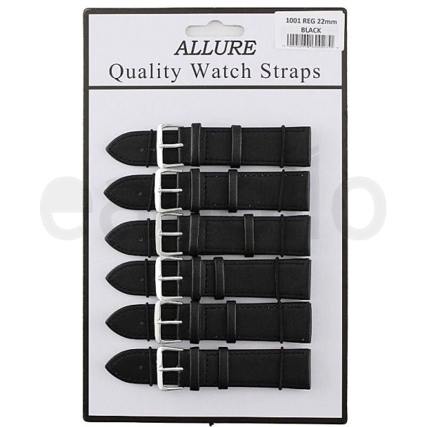 Wholesale Allure Black Leather Watch Straps - Silver Buckle - 22mm