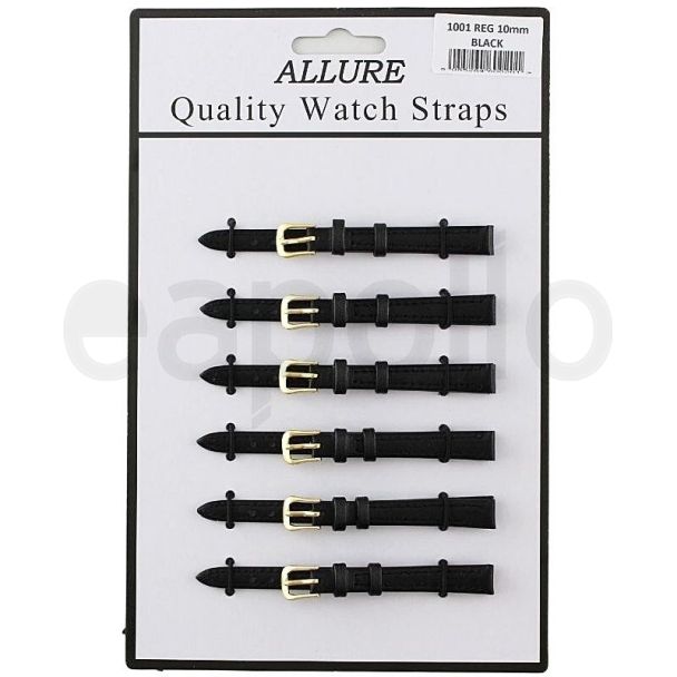 Wholesale Allure Black Leather Watch Straps - Gold Buckle - 10mm
