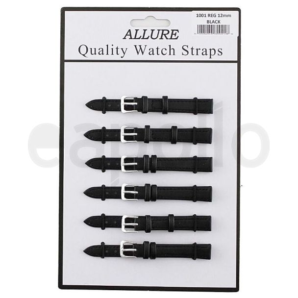 wholesale Allure Black Leather Watch Straps - Silver Buckle - 12mm