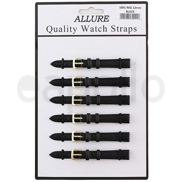 Wholesale Allure Black Leather Watch Straps - Gold Buckle - 12mm