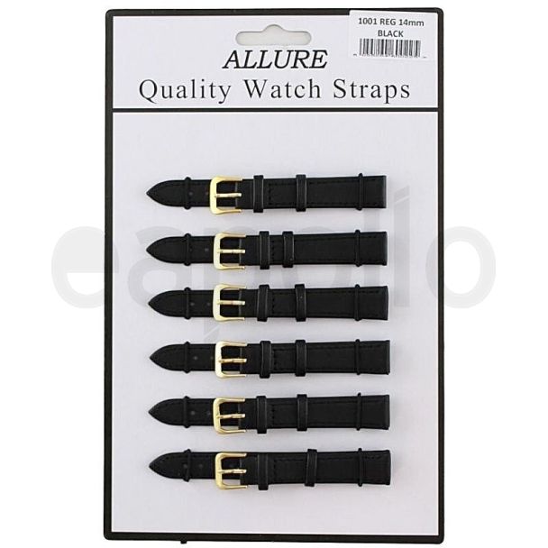 Wholesale Allure Black Leather Watch Straps - Gold Buckle - 14mm