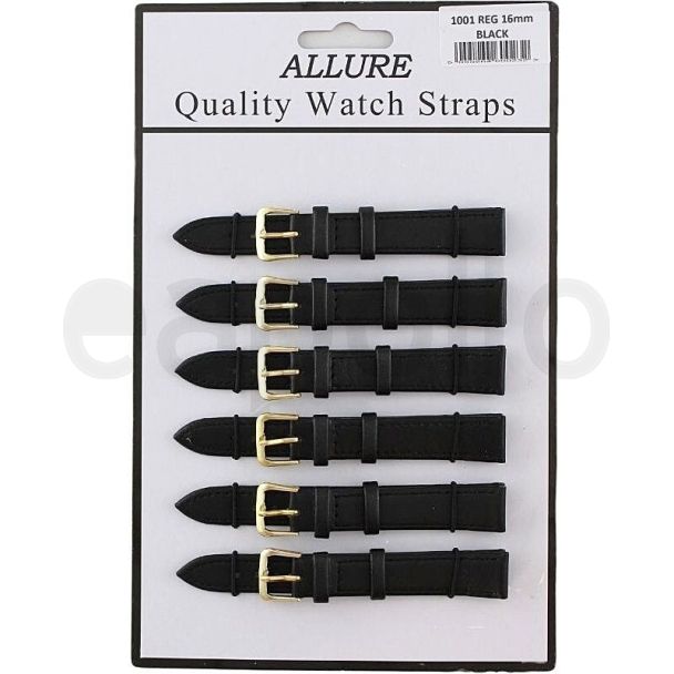 Wholesale Allure Black Leather Watch Straps - Gold Buckle - 16mm