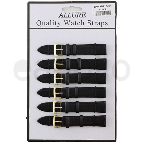 Wholesale Allure Black Leather Watch Straps - Gold Buckle - 18mm