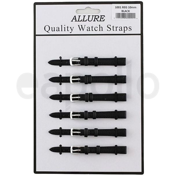 Wholesale Allure Black Leather Watch Straps - Silver Buckle - 10mm