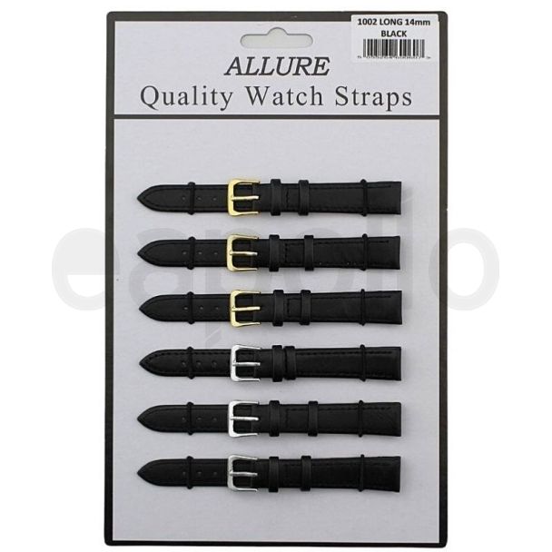 Wholesale Allure Black Leather Watch Straps Extra Long - Asst. Buckles - 14mm