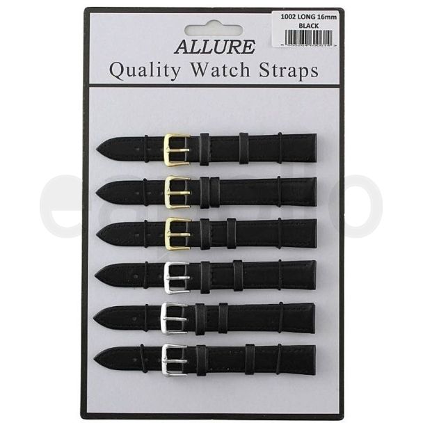 Wholesale Allure Black Leather Watch Straps Extra Long - Asst. Buckles - 16mm