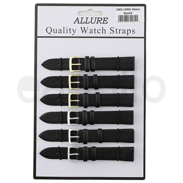 Allure Black Leather Watch Straps Long - Asst. Buckles - 18mm