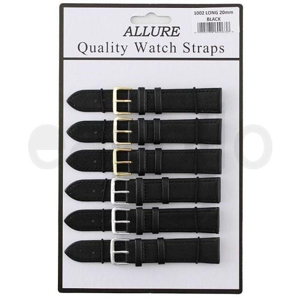 Wholesale Allure Black Leather Watch Straps Extra Long - Asst. Buckles - 20mm