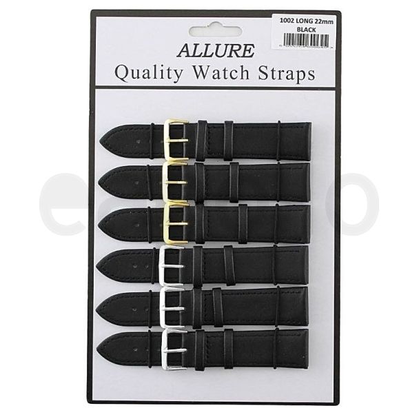 Wholesale Allure Black Leather Watch Straps Extra Long - Asst. Buckles - 22mm