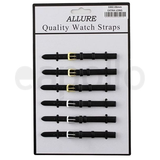 Allure Extra Long Black Leather Watch Straps - Asst. Buckles - 8mm