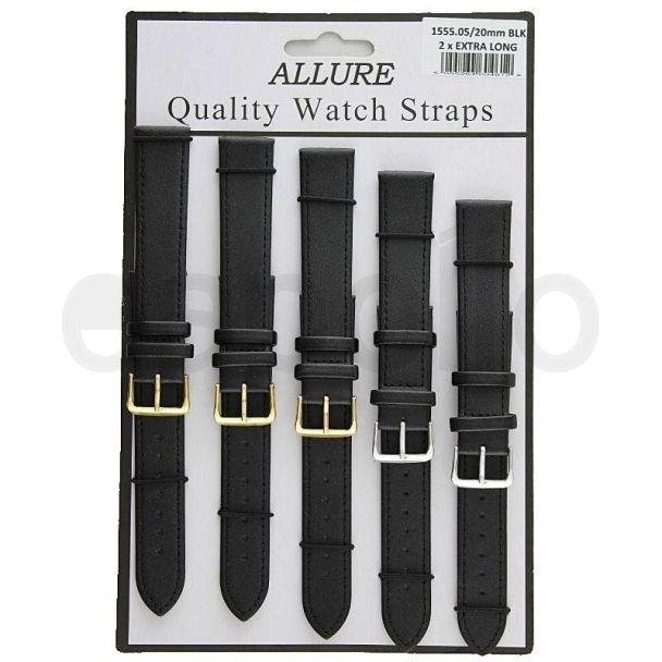 Wholesale Allure 2x Extra Long Leather Watch Straps - Assorted Buckle - 20mm (Black)