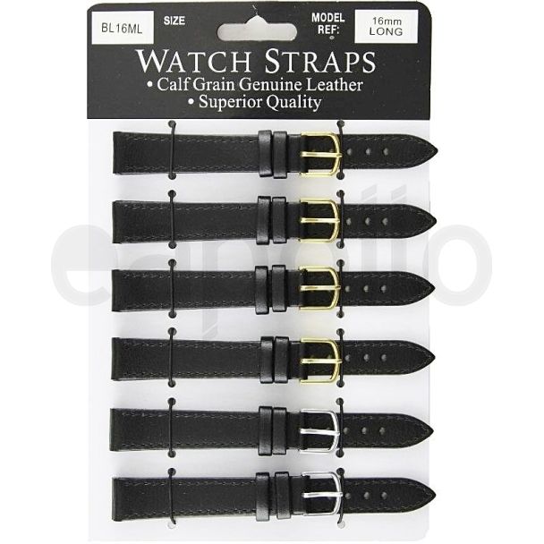 Calf Grain Long Black Watch Straps - Asst. Buckles-16mm