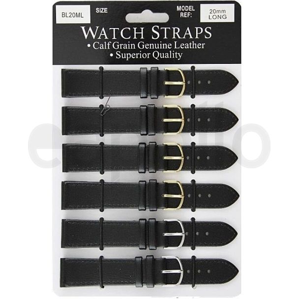 Calf Grain Black Long Watch Straps - Asst. Buckles - 20mm