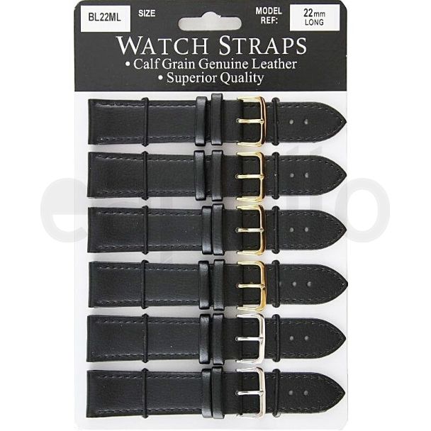 Calf Grain Long Black Watch Straps - Asst. Buckles-22mm