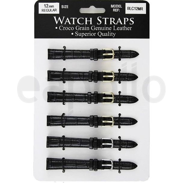Calf Grain Black Croc Leather Watch Straps - Asst. Buckles - 12mm