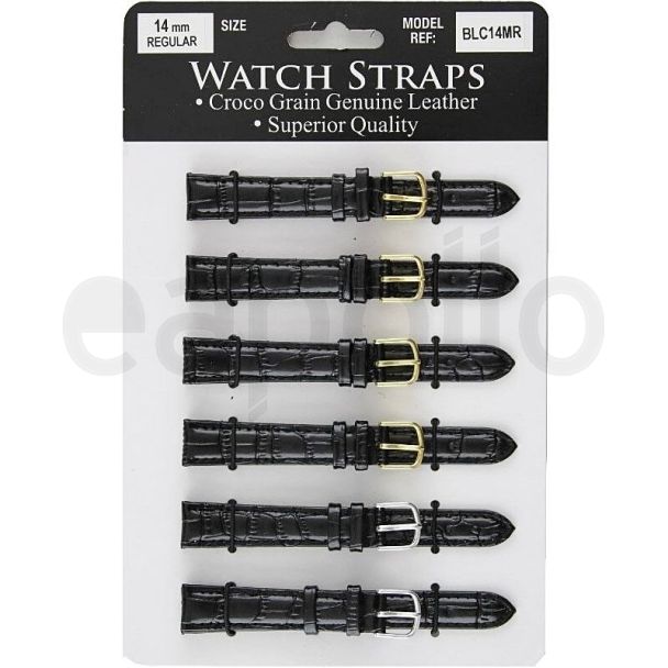 Calf Grain Black Croc Leather Watch Straps - Asst. Buckles - 14mm