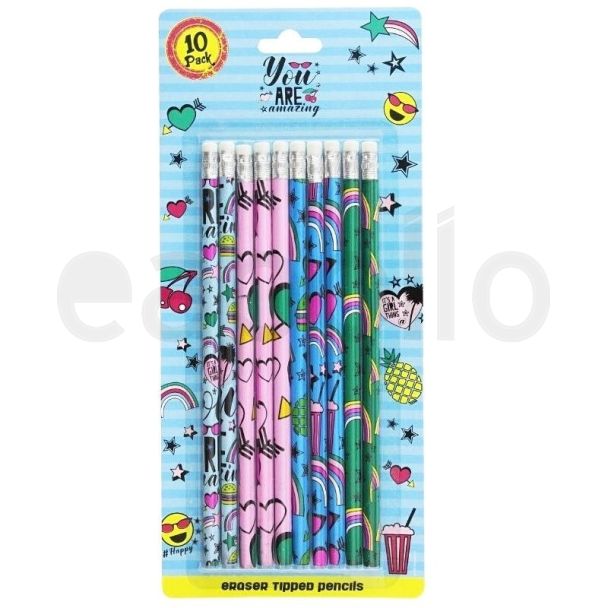 10pcs Pencils with Eraser Tips - Assorted Designs