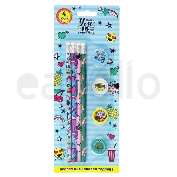 4pcs Pencils With Eraser Toppers - Assorted Designs 