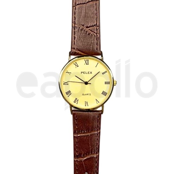 Men's Round Dial Leather Strap Watch - Brown & Gold