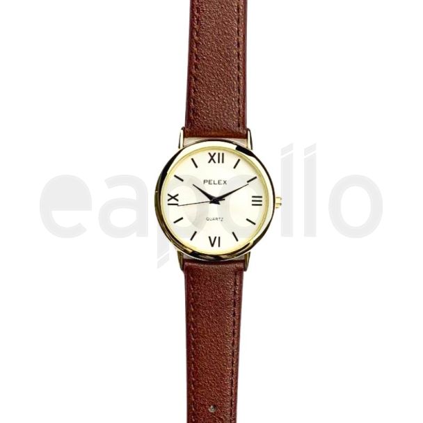 Men's Round Dial Leather Strap Watch - Brown and Gold