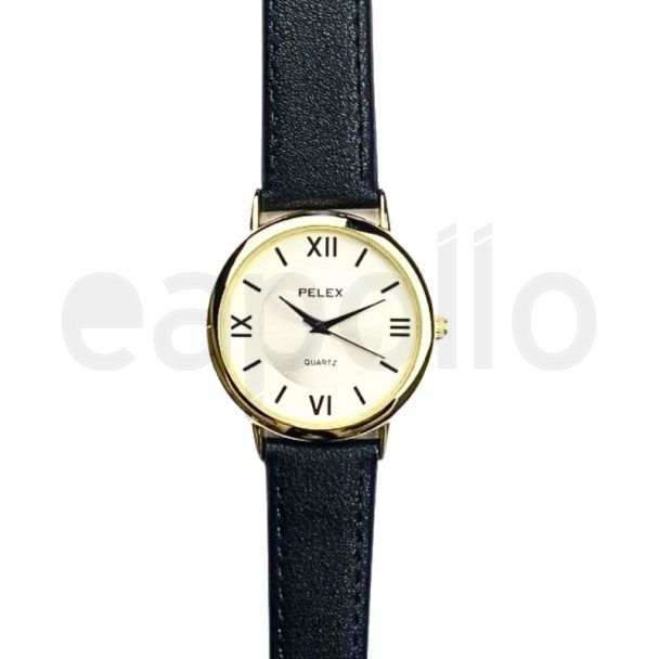 Men's Round Dial Leather Strap Watch - Black & Gold
