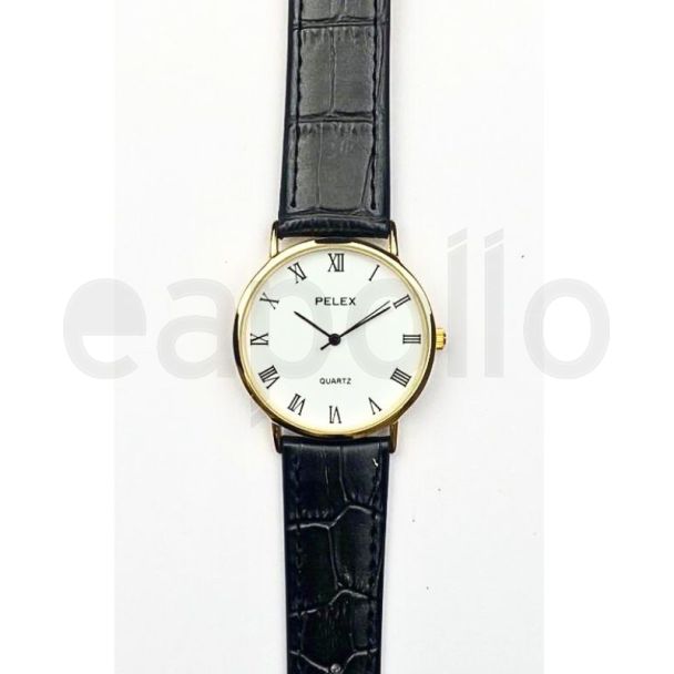 Men's Round Dial Leather Strap Watch - Black and Gold