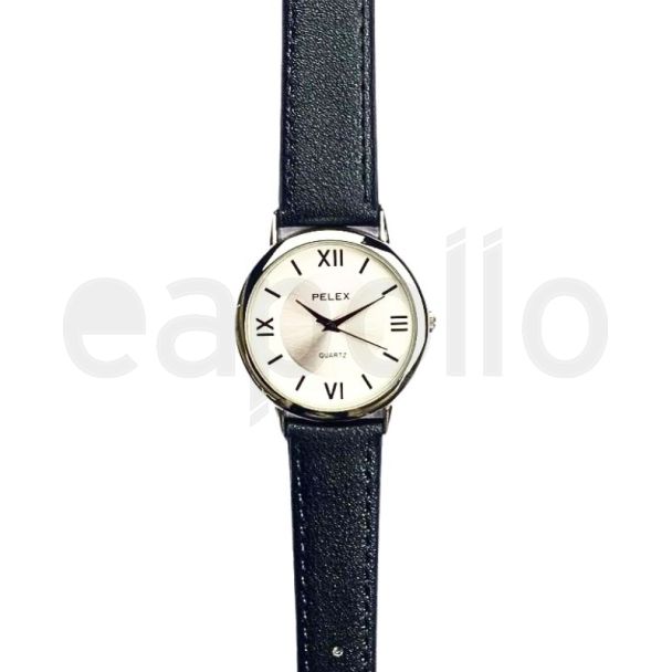 Men's Round Dial Leather Strap Watch - Black & Silver