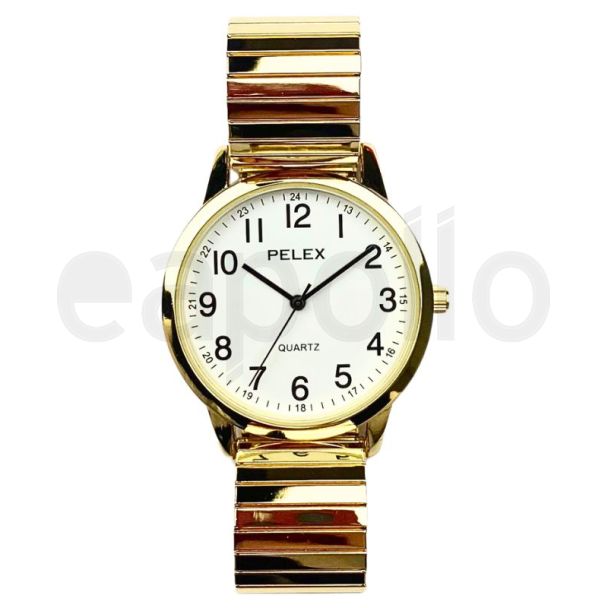 Pelex Ladies Round Dial Metal Expander Strap Watch - Gold and White