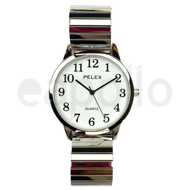 Pelex Ladies Round Dial Metal Expander Strap Watch - Silver and White