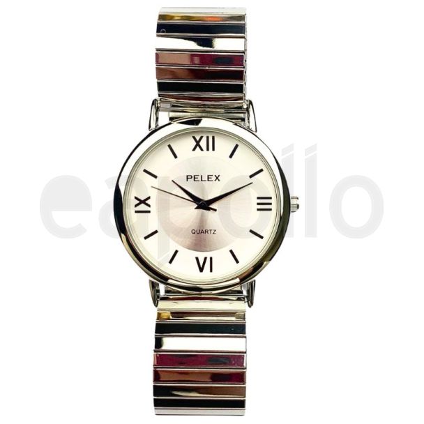 Pelex Men's Metal Expander Strap Watch With Round Dial - Silver & White