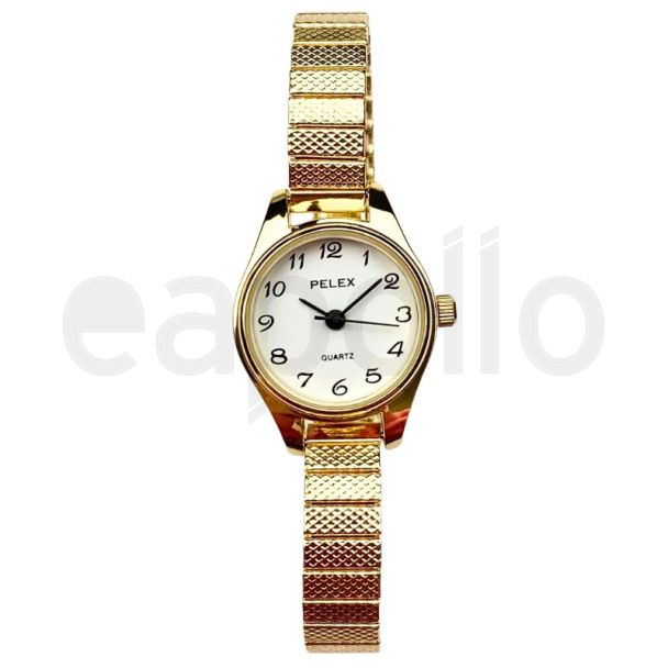 Pelex Ladies Round Metal Expander Strap Watch - Gold and White