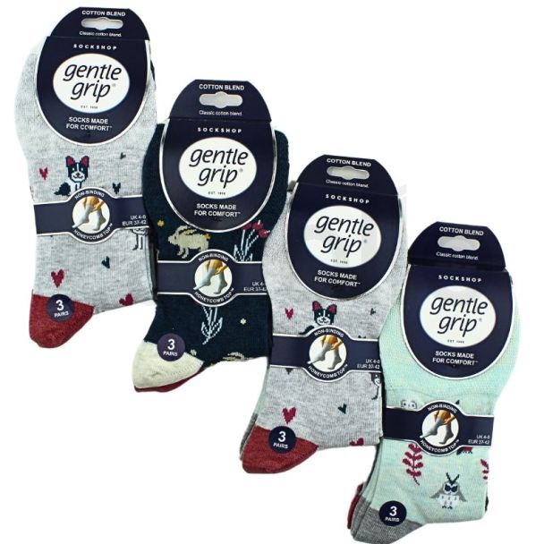 Ladies Animal Lover Design Gentle Grip Socks (3 Pack) - Assorted
