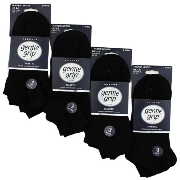 Ladies Diabetic Gentle Grip Trainer Socks (3 Pack) - Black