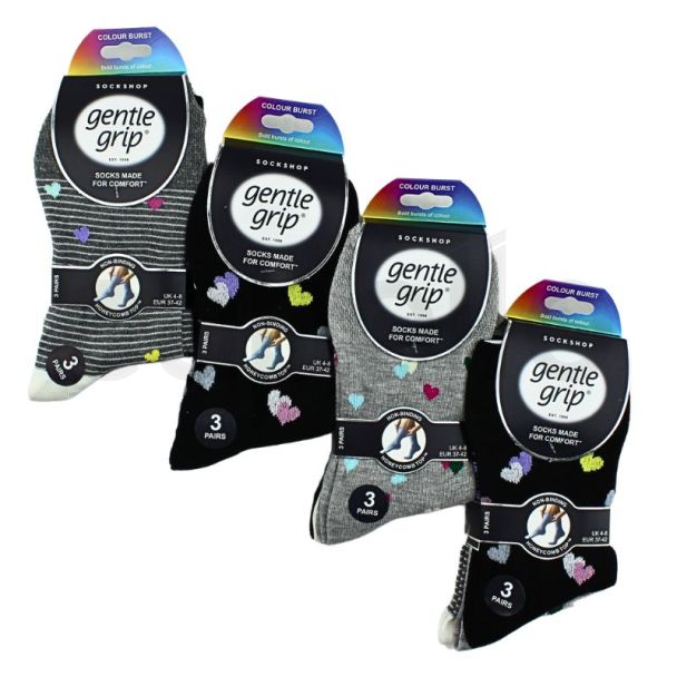 Ladies Sweetheart Design Gentle Grip Socks (3 Pack) - Assorted