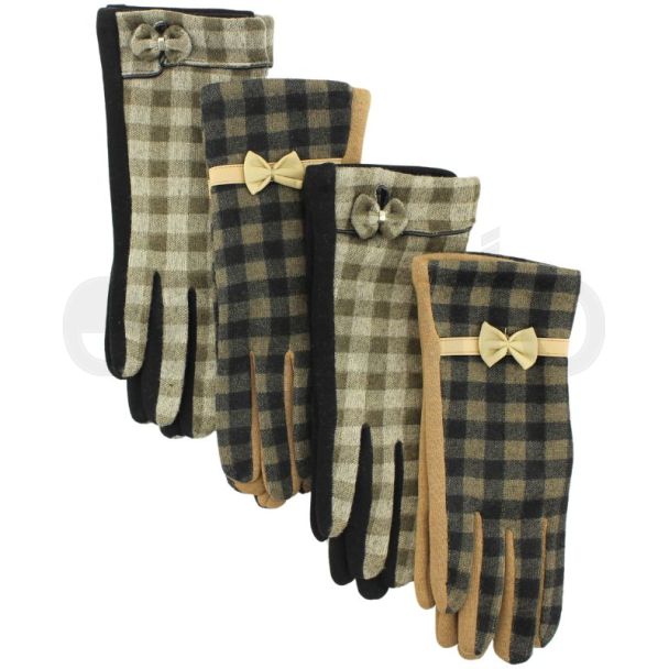 Ladies Gloves Gingham Check Design With Bow -  Assorted