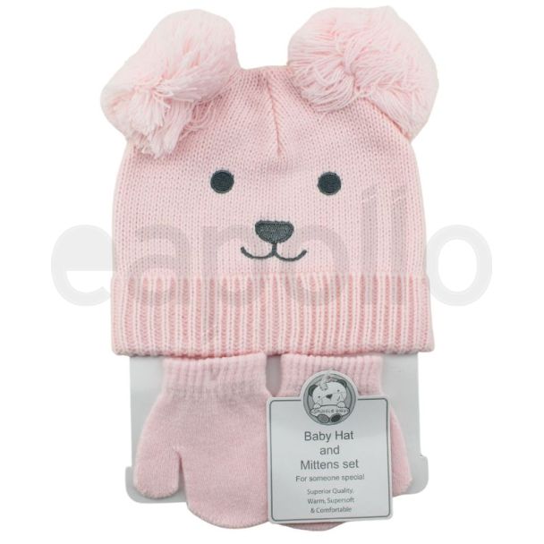 Double Pompom Hat & Mitten Baby Set - Pink