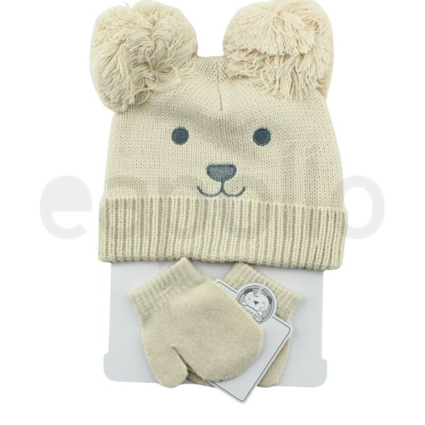 Double Pompom Hat & Mitten Baby Set - Taupe