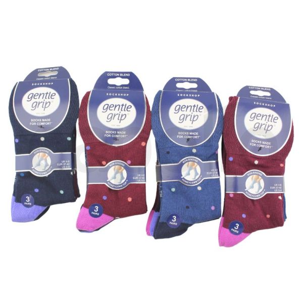 Ladies Gentle Grip Cotton Blend Non Binding Ankle Socks Eclipse Polka Dot Design (3 Pack) - Assorted