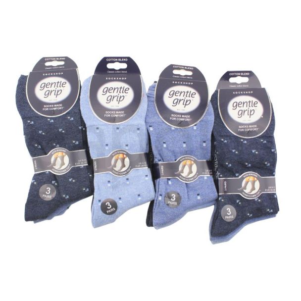 Ladies Gentle Grip Cotton Blend Non Binding Ankle Socks Suit Sock Blues Design (3 Pack) - Assorted